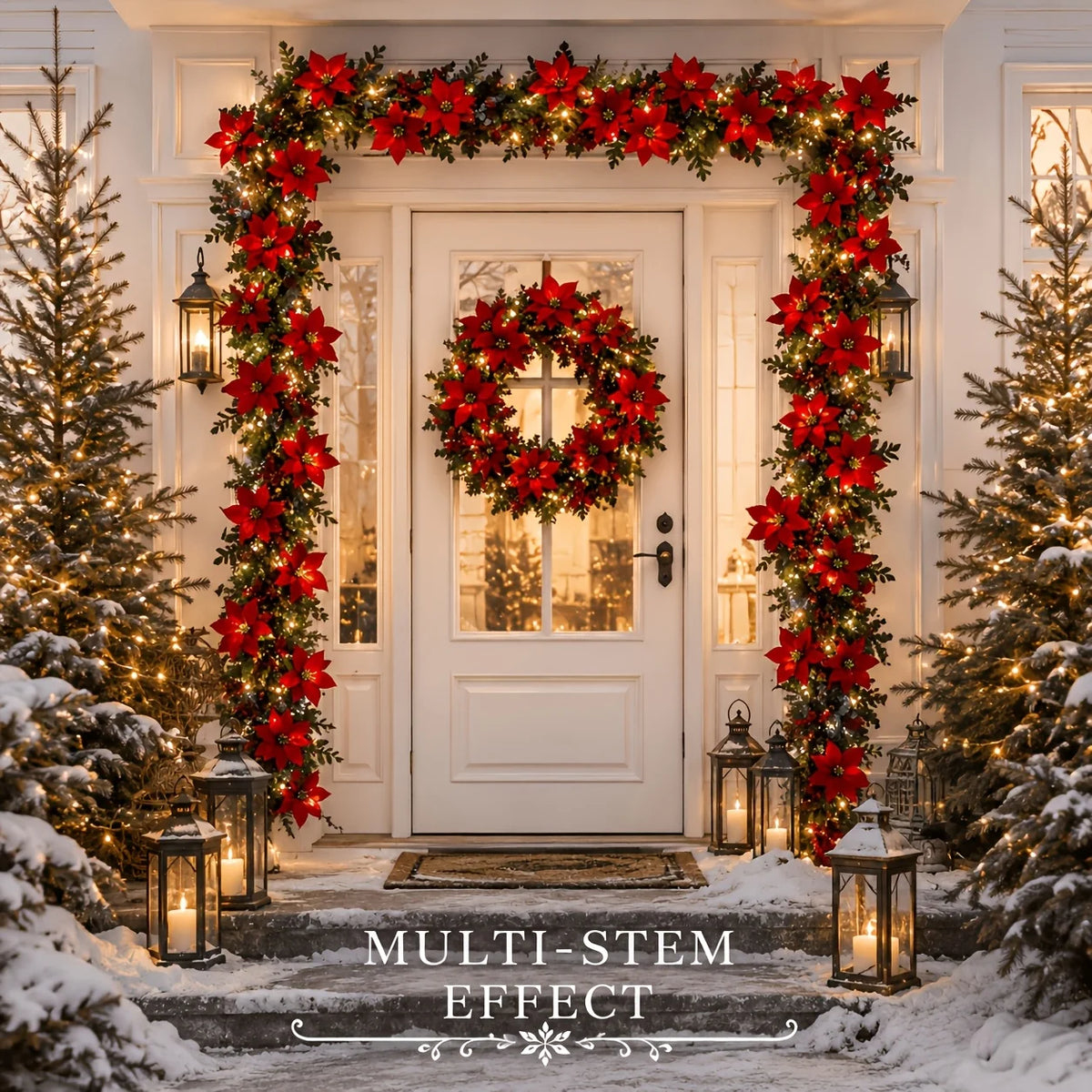 2Pcs Artificial Christmas Garland Red Poinsettia Eucalyptus Faux Flower