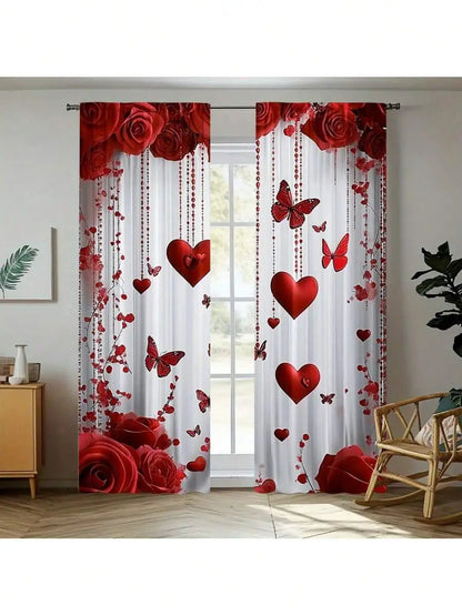 Set Of 2 Valentines Day Curtains with Red Roses Hearts and Butterflies