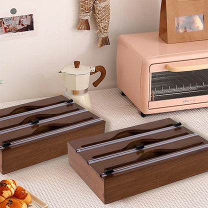 1pc Kitchen Wrap Dispenser Foil & Cling Film Cutter, Trash Bag & Plastic Bag Wooden storage.