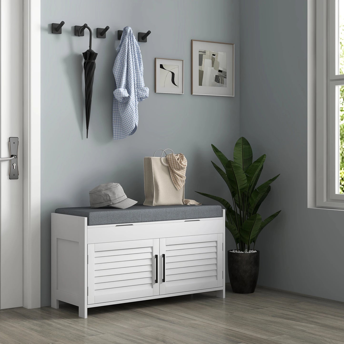 Entryway Bench with Cushion, Hidden Compartments, White