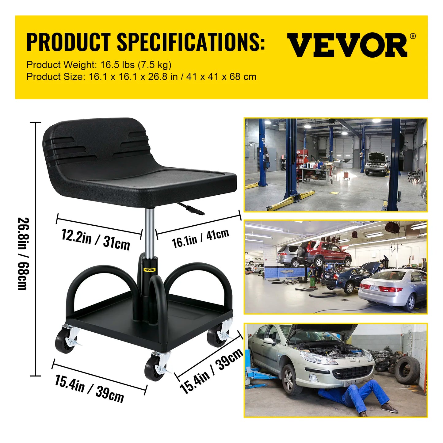 Rolling Creeper Seat Mechanic Stool Adjustable Swivel Chair with Tool Tray 300LBS