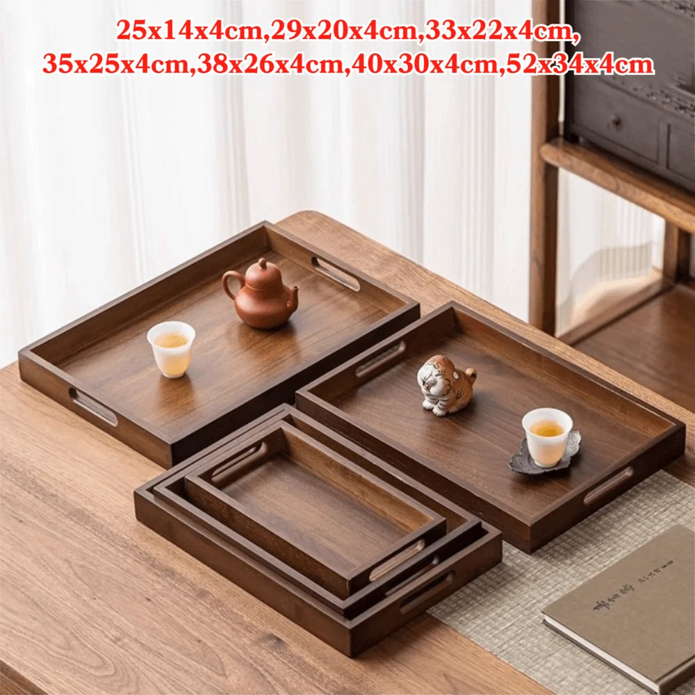 Decorate Tray Rectangular Bamboo Wooden Walnut Color with Handle Serving Tray
