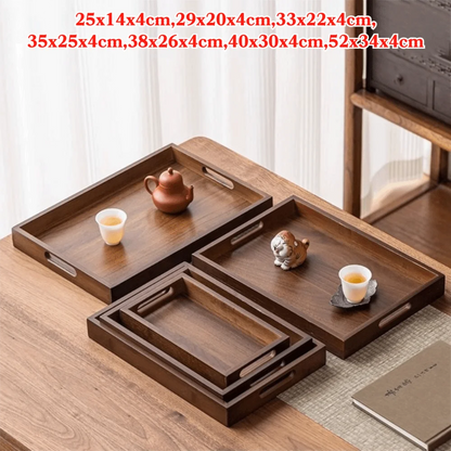 Decorate Tray Rectangular Bamboo Wooden Walnut Color with Handle Serving Tray