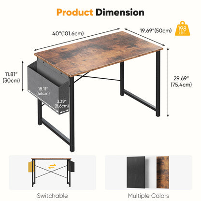 Computer Office Desk Writing Study Gaming Table with Storage Bag Metal Frame Wood Tabletop Easy Assembly