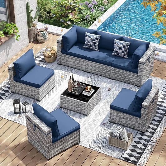 7 Pieces PE Wicker Sectional Sofa with Tea Table, Outdoor Conversation Set for Patio