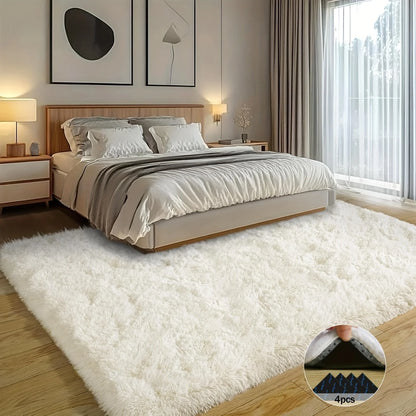 Off-White Luxury Plush Carpet with 4 Rug Stickers, Ideal Room Decor.