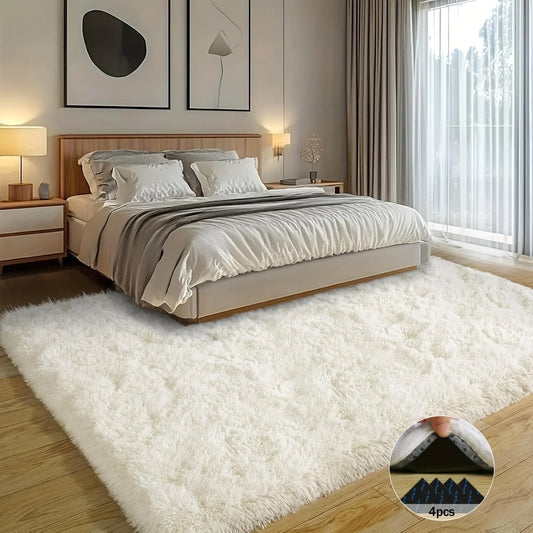 Off-White Luxury Plush Carpet with 4 Rug Stickers, Ideal Room Decor.