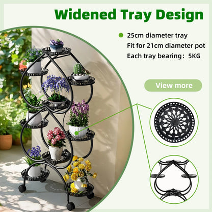 9-Potted Metal Tall Plant Stand with Wheels Flower Display