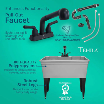 Freestanding Double-Wide Utility Sink with Steel Legs & Black Pull-Out Faucet, Multi-Purpose Heavy-Duty