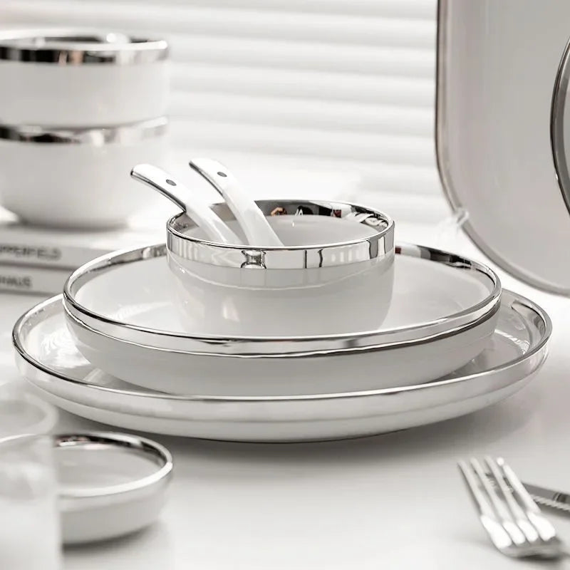 White Ceramic Plates With Silver Steak Serving Plate Bowls Ins Dinnerware set
