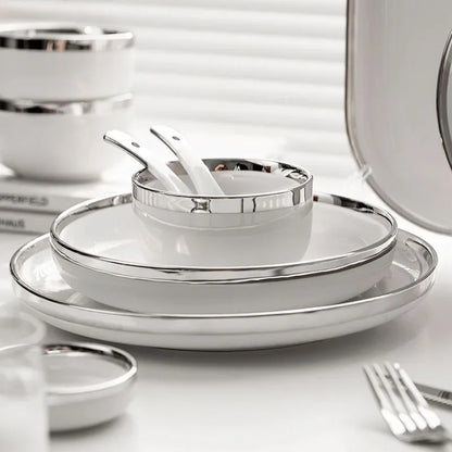 White Ceramic Plates With Silver Steak Serving Plate Bowls Ins Dinnerware set