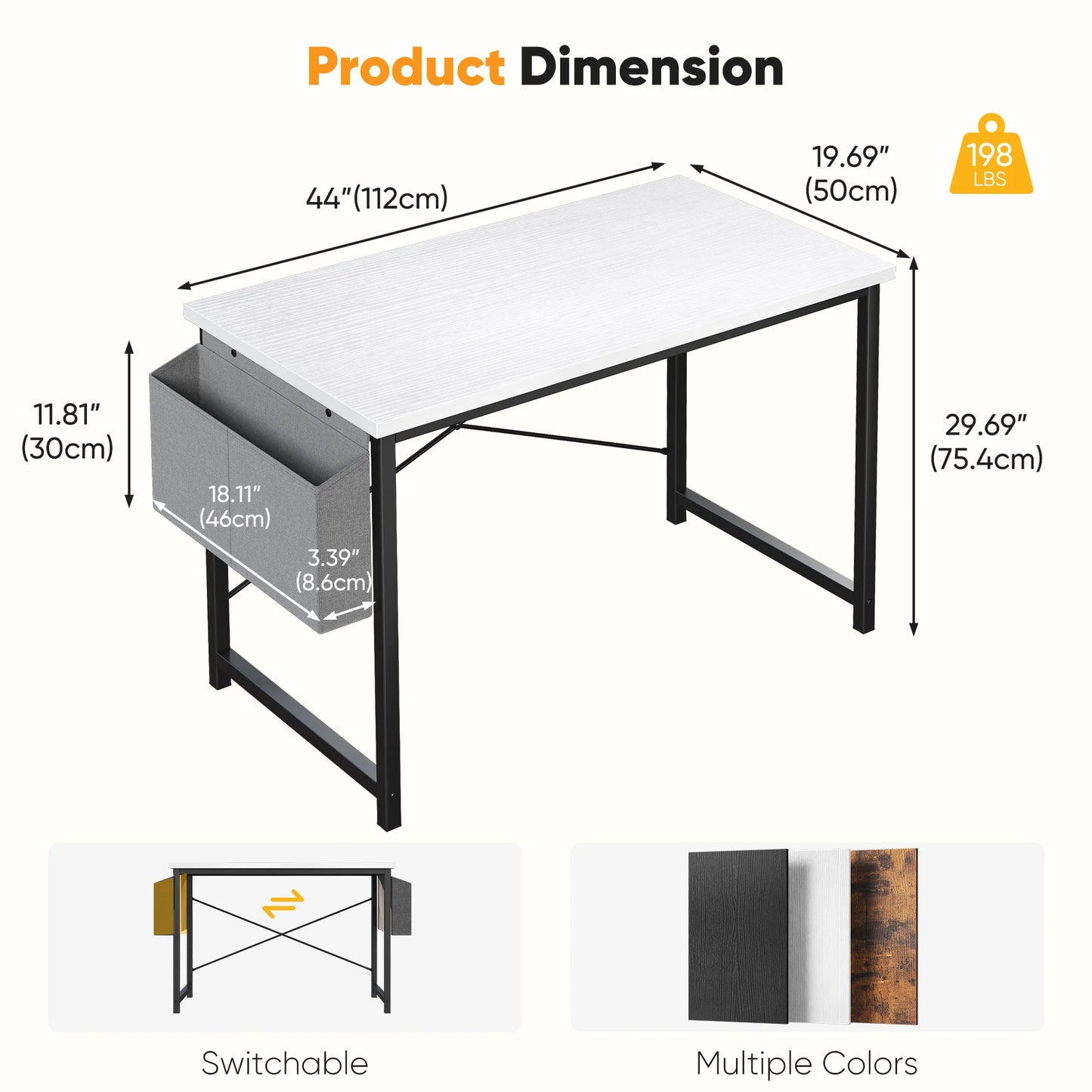 Computer Office Desk Writing Study Gaming Table with Storage Bag Metal Frame Wood Tabletop Easy Assembly