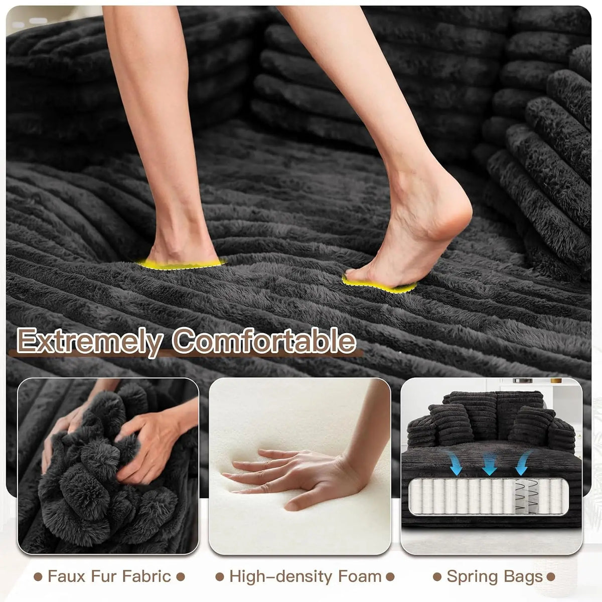 56" Oversized Chaise Lounge Plush Faux Fur Sleeper Sofa Couch Bed with Pillows