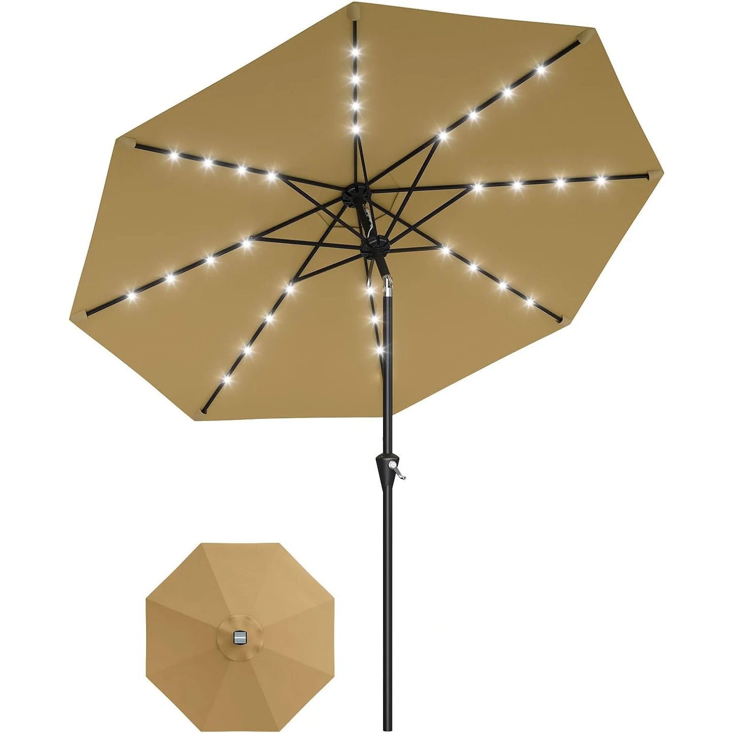 9FT Solar Patio Umbrella with 32 LED Lights - Outdoor Table Umbrella with Crank Lift, Push Button Tilt and 8 Sturdy Ribs