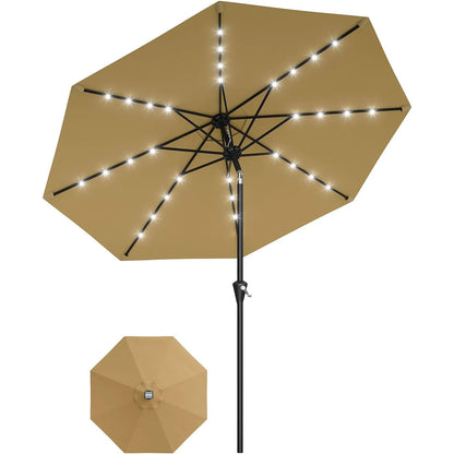 9FT Solar Patio Umbrella with 32 LED Lights - Outdoor Table Umbrella with Crank Lift, Push Button Tilt and 8 Sturdy Ribs