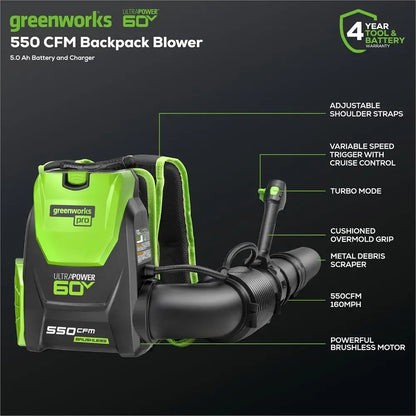 60V 550 Brushless Backpack Blower, 5.0Ah Battery and 6A Charger