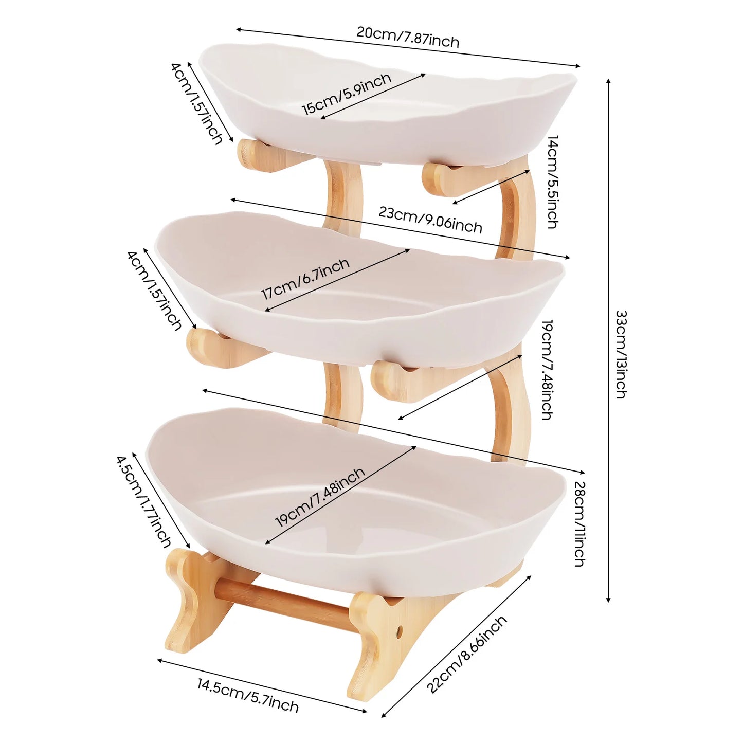 3-Tier Fruit Plate, Snack Dessert Cake for Party Wedding, Bowl W/ Bamboo Wood Stand