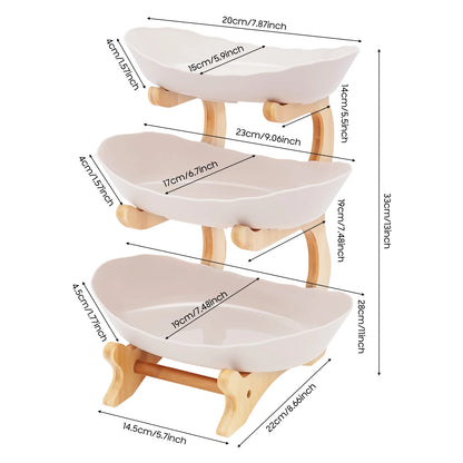 3-Tier Fruit Plate, Snack Dessert Cake for Party Wedding, Bowl W/ Bamboo Wood Stand