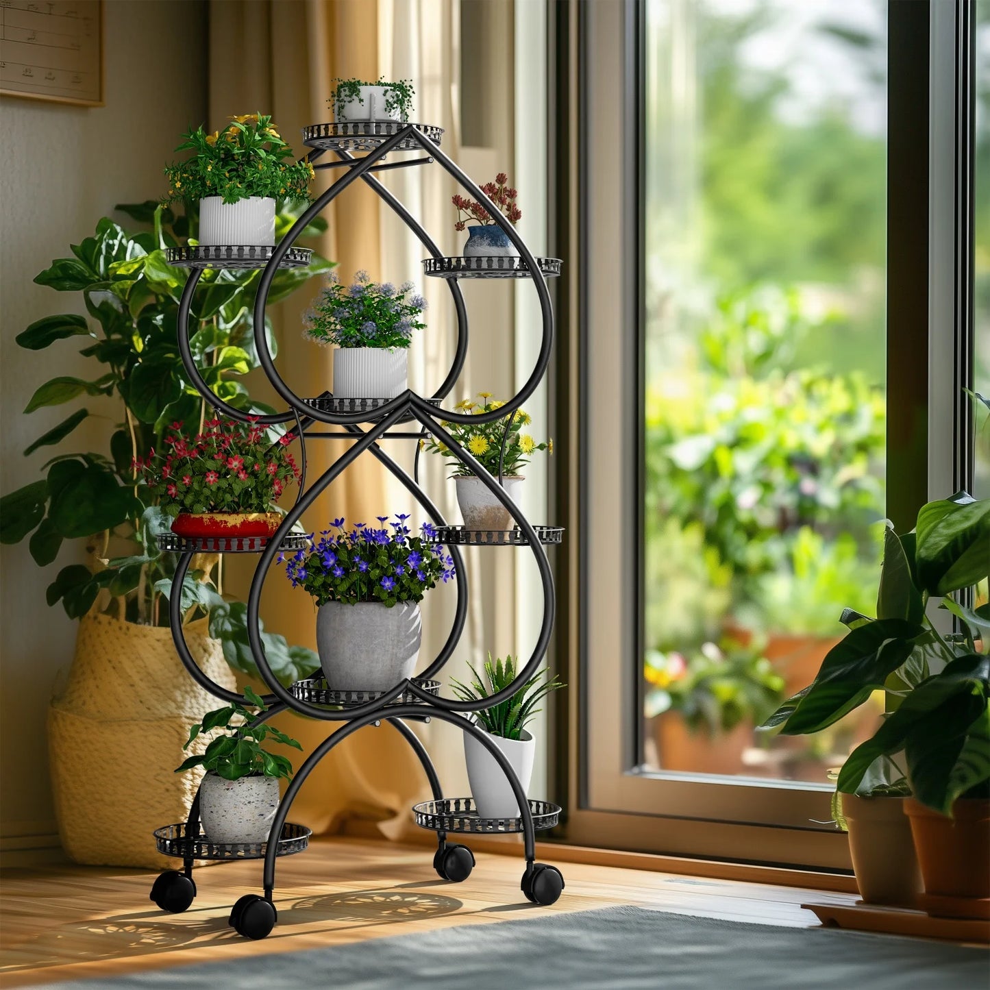 9-Potted Metal Tall Plant Stand with Wheels Flower Display