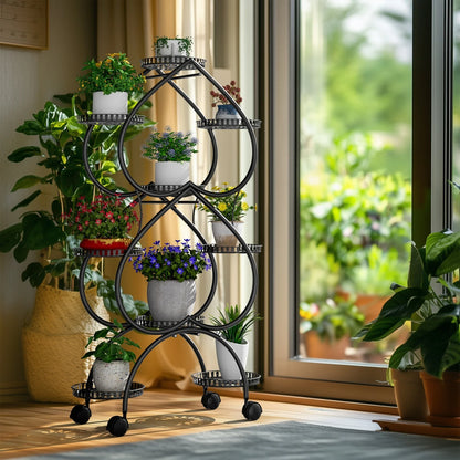 9-Potted Metal Tall Plant Stand with Wheels Flower Display