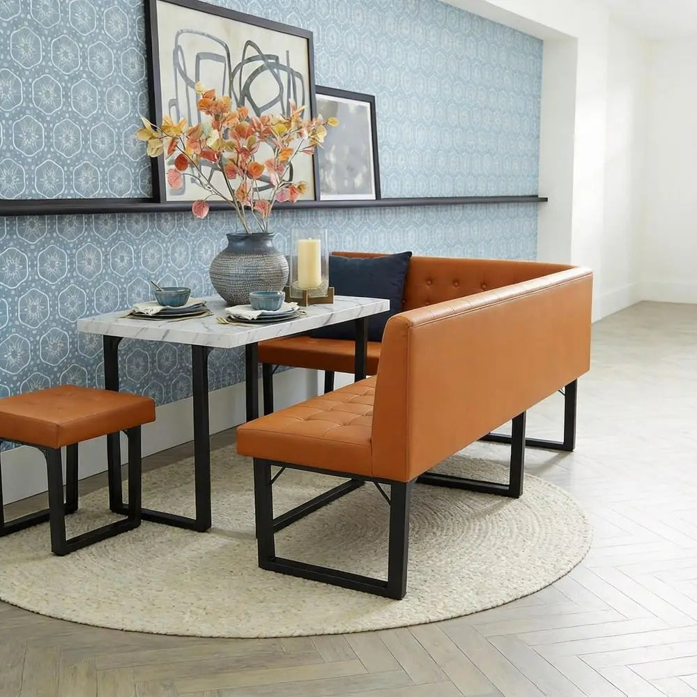 L-Shaped Booth Dining Table Set, Bench Seating or 6, Space Saving Dining