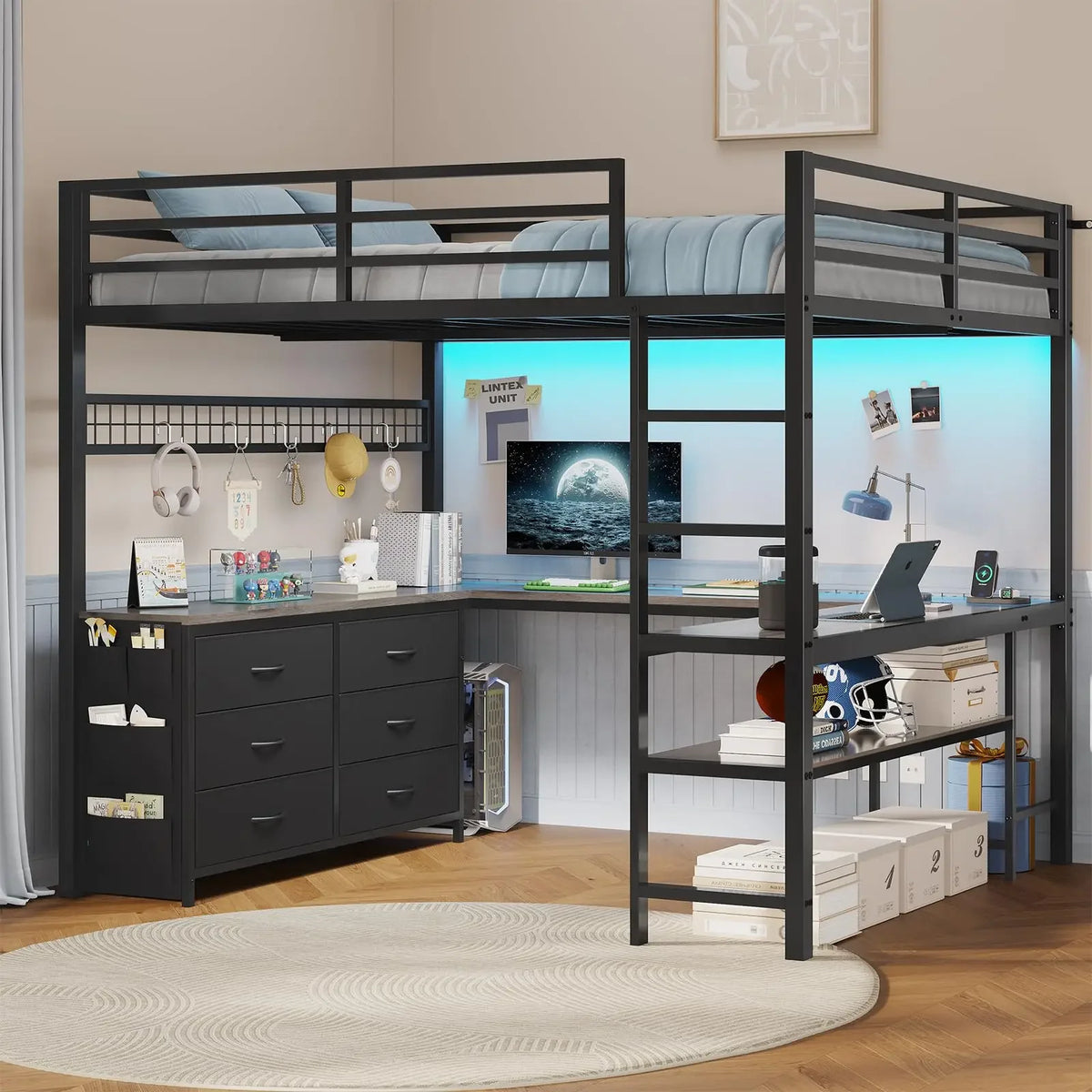 ADORNEVE Loft Bed Full Size with U-Shaped Desk, 6 Storage Drawers, Power Outlet, LED Metal with 2 Storage Shelves