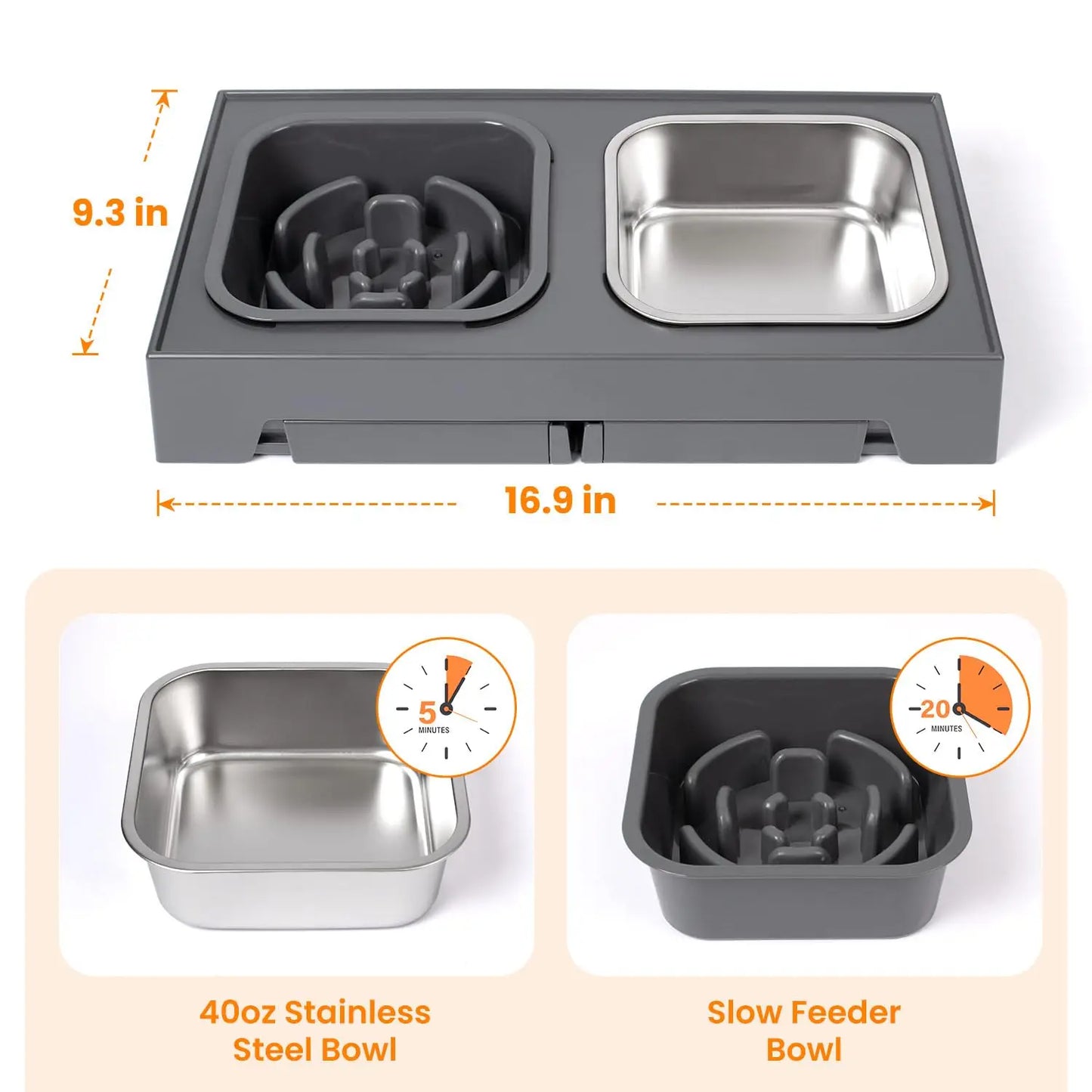 Elevated Slow Feeder Dog Bowls, Non-Slip Stainless Steel/Plastic/ Pet Food & Water Bowls with Foldable Stand