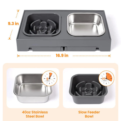 Elevated Slow Feeder Dog Bowls, Non-Slip Stainless Steel/Plastic/ Pet Food & Water Bowls with Foldable Stand