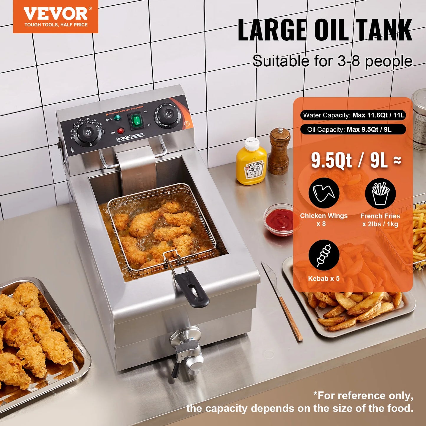 Commercial Deep Fryer Electric Countertop Fryer with Basket 6Qt Stainless Steel Single Oil Fryer w/Temp Control