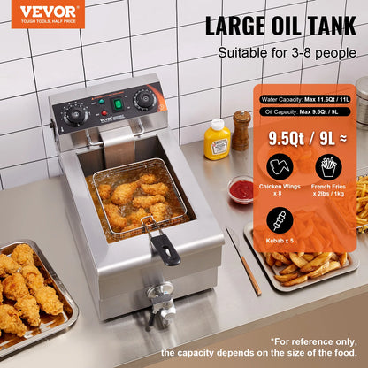 Commercial Deep Fryer Electric Countertop Fryer with Basket 6Qt Stainless Steel Single Oil Fryer w/Temp Control