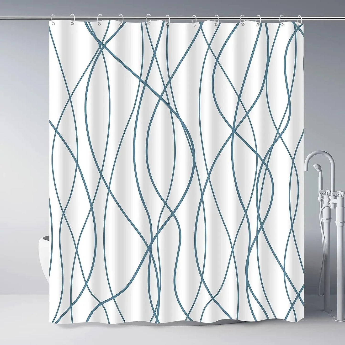 unframed Modern black and white striped corrugated fabric bathroom shower curtain.