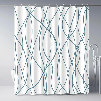 unframed Modern black and white striped corrugated fabric bathroom shower curtain.
