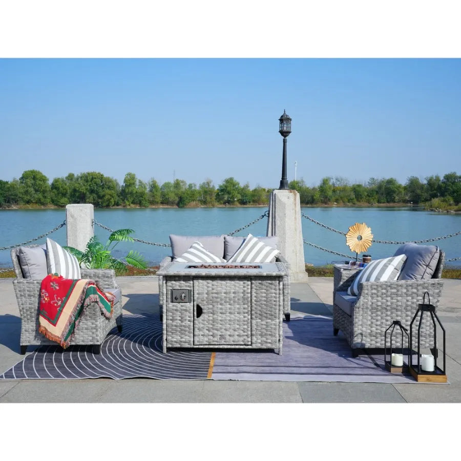 Outdoor wicker fire pit table with chairs: rattan material, weather-resistant and stylish