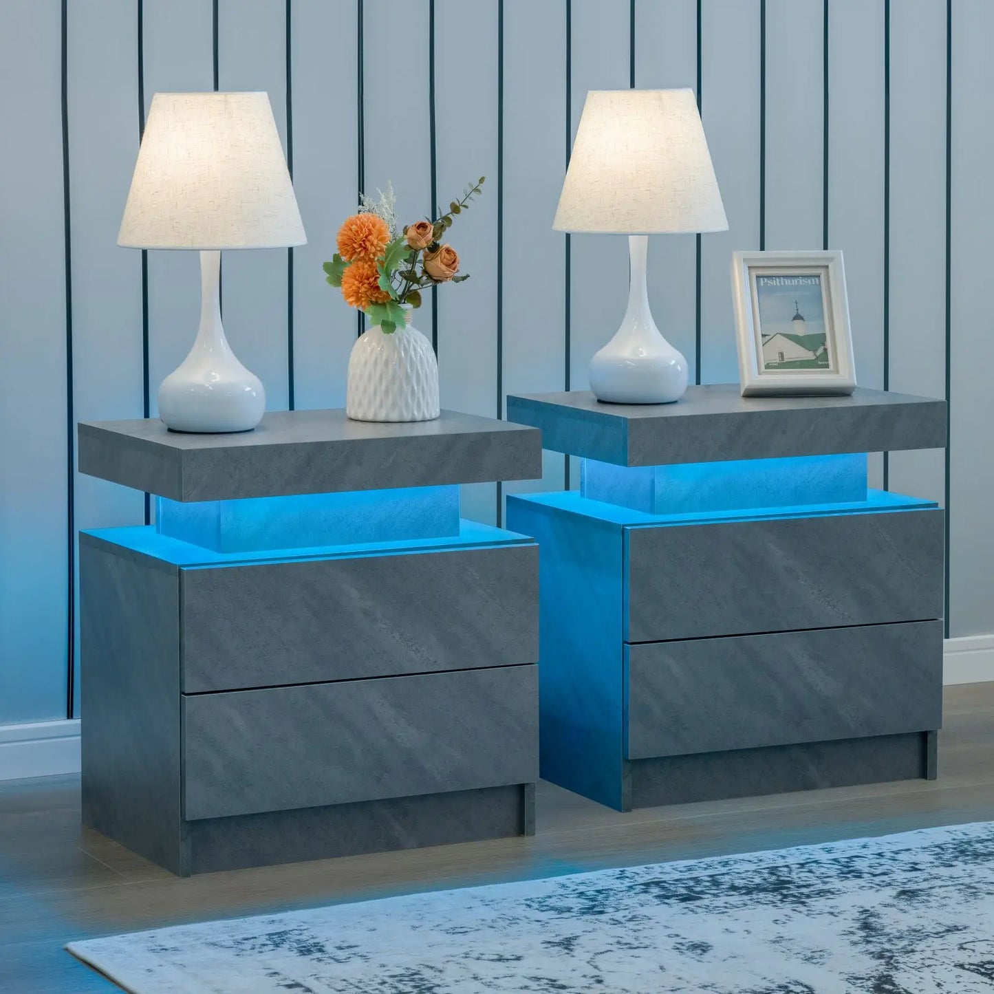 Set of 2 LED Nightstand with 2 Drawers, with LED Lights
