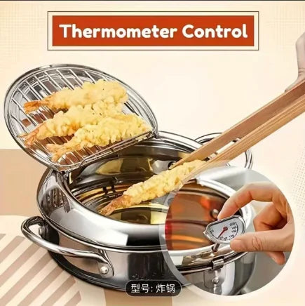 Deep Fryer Pot Stainless Steel with Built-in Thermometer & Oil Drip Rack, Non-Stick, Safe for Gas & Induction Cookers