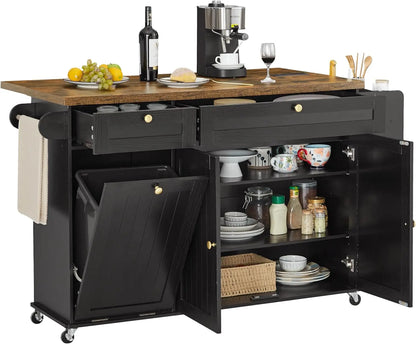 60" Mobile Kitchen Islands Rolling Table Drop Leaf with Power Outlet Spice Towel Rack Trash