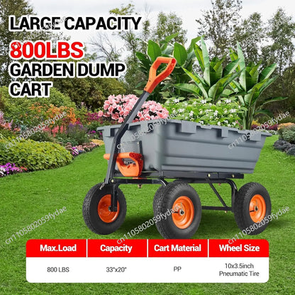 Poly Garden Dump Cart Steel Frame Utility Dump Wagon Outdoor Wheelbarrow for Garden Yard Beach