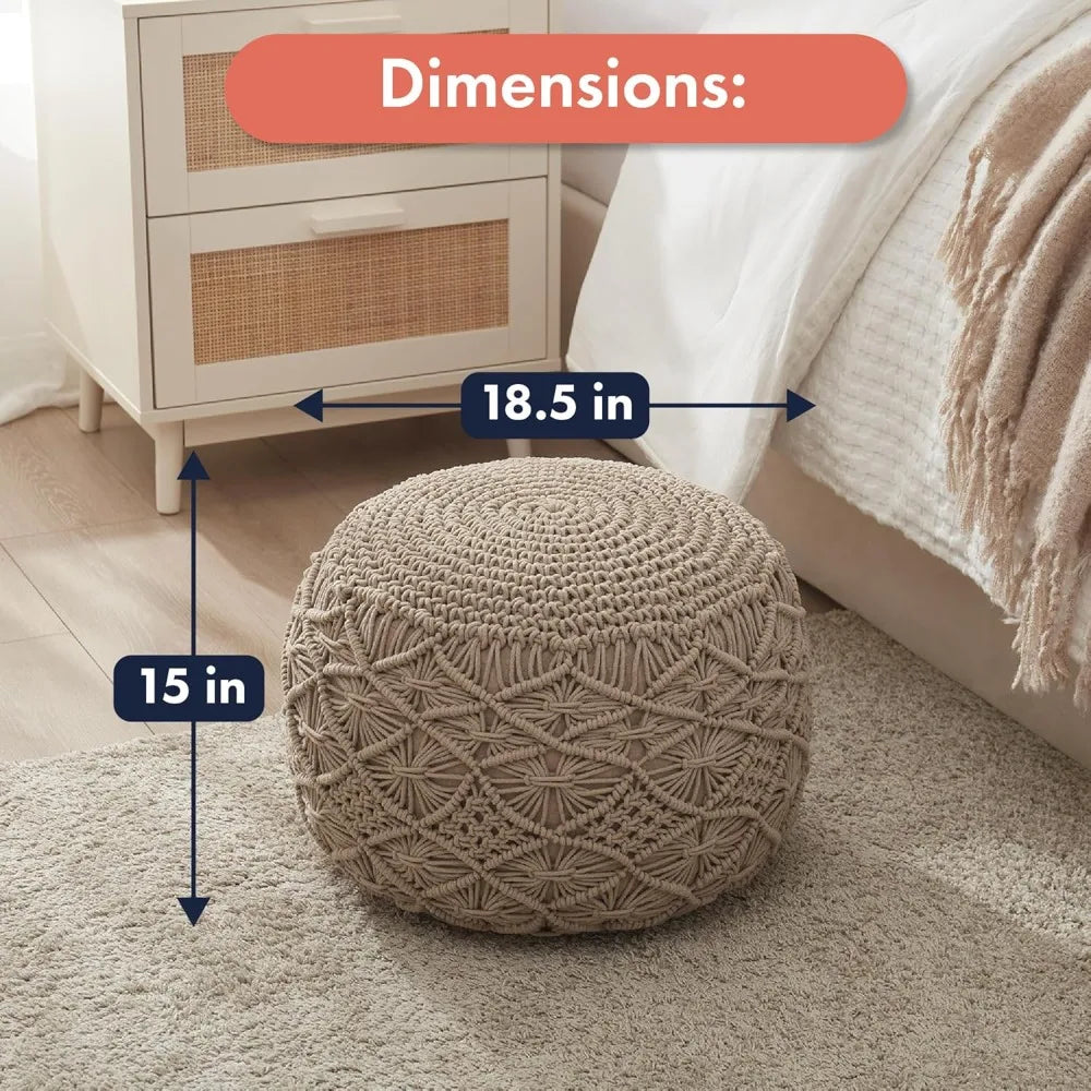 Hand Knitted Cotton Pouf Ottoman Foot Rest - Boho Round Stuffed for Living Room Bedroom Beige