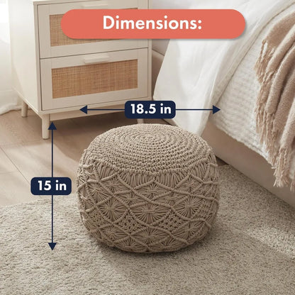 Hand Knitted Cotton Pouf Ottoman Foot Rest - Boho Round Stuffed for Living Room Bedroom Beige