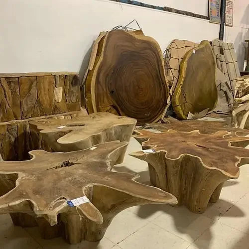 Teak root coffee table base, including 55-inch round glass top