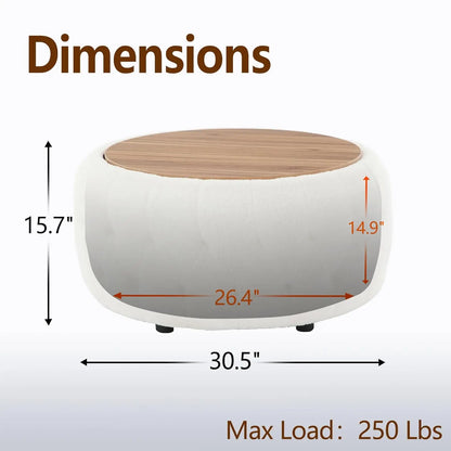 30 Inches Large Round Storage Ottoman, Coffee Table, Wooden Top, Soft Teddy Fabric