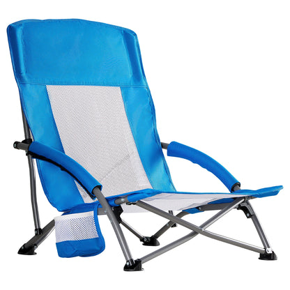 Outdoor Folding Low Beach Chair Collapsible Padded with Cup Holder Storage Bag Mesh Back