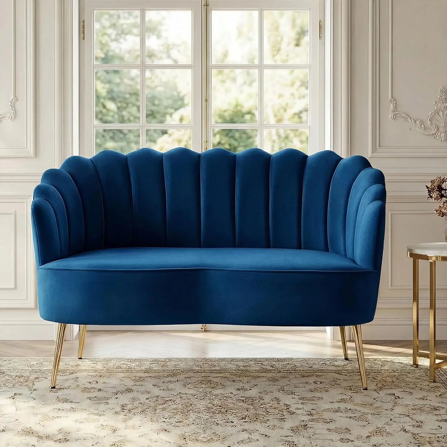 Velvet Loveseat Gold Metal Legs Modern Flower Back 2-Seater