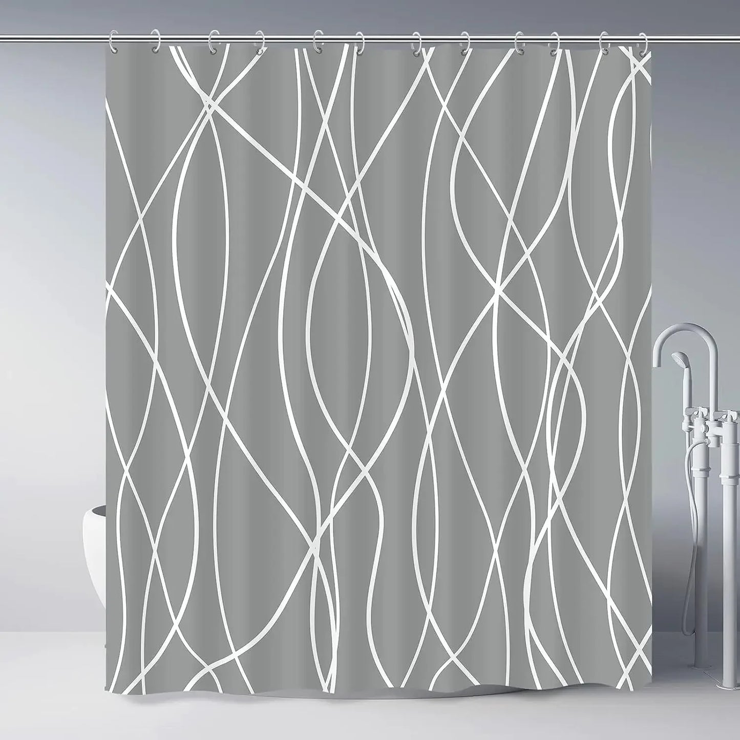 unframed Modern black and white striped corrugated fabric bathroom shower curtain.