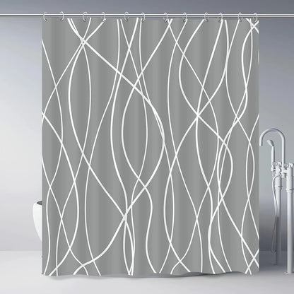 unframed Modern black and white striped corrugated fabric bathroom shower curtain.
