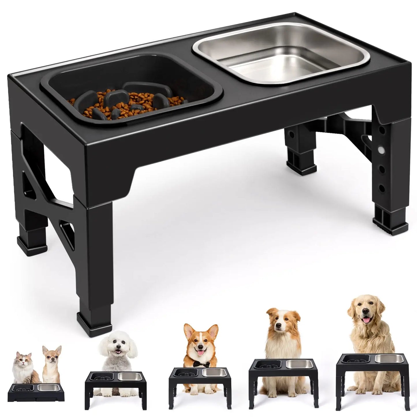 Elevated Slow Feeder Dog Bowls, Non-Slip Stainless Steel/Plastic/ Pet Food & Water Bowls with Foldable Stand