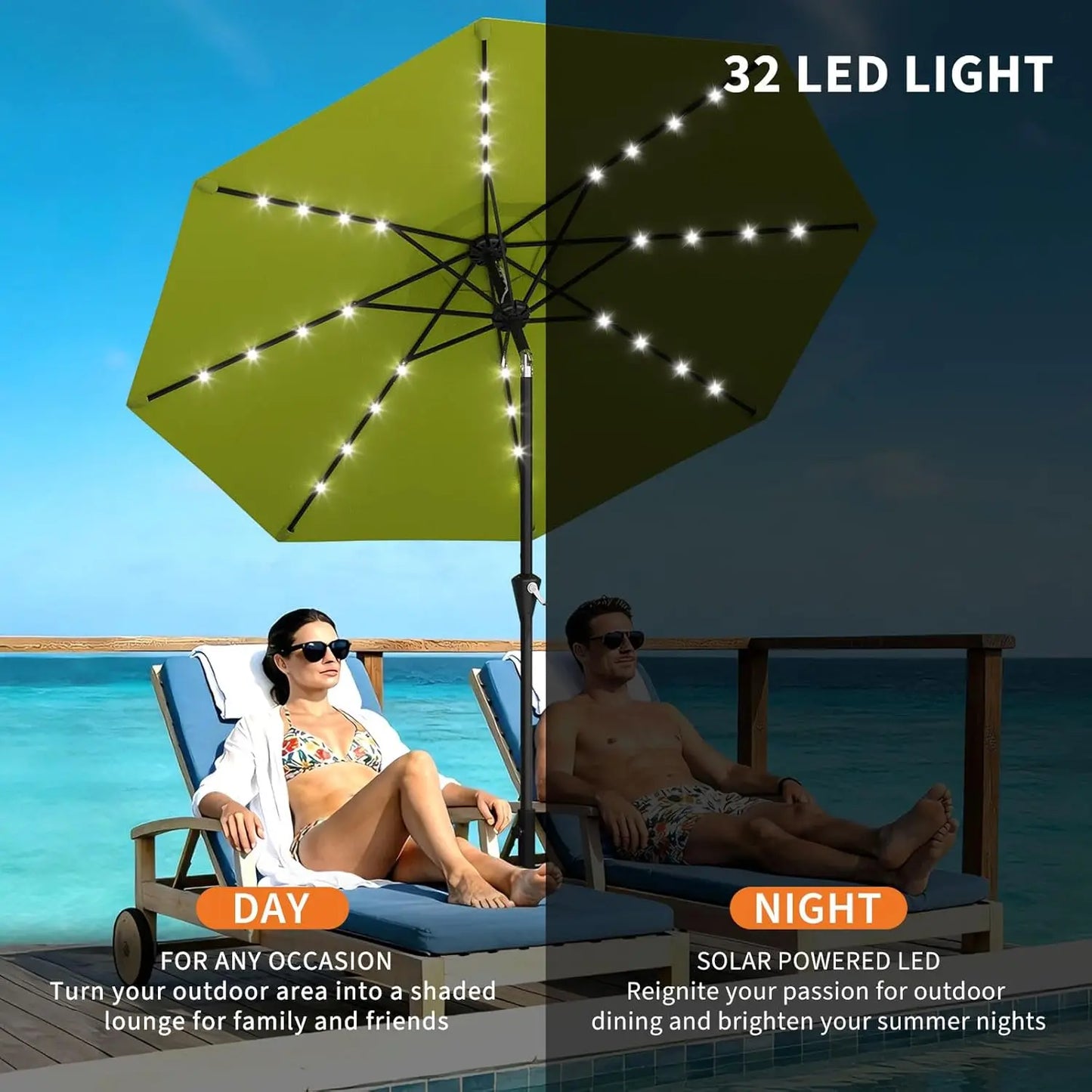 9FT Solar Patio Umbrella with 32 LED Lights - Outdoor Table Umbrella with Crank Lift, Push Button Tilt and 8 Sturdy Ribs