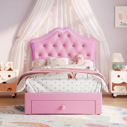 Twin XL Velvet Upholstered Platform Bed Frame With LED Headboard, Crystal Button Tufting, Storage Drawer,