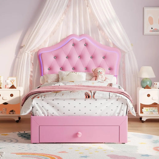 Twin XL Velvet Upholstered Platform Bed Frame With LED Headboard, Crystal Button Tufting, Storage Drawer,