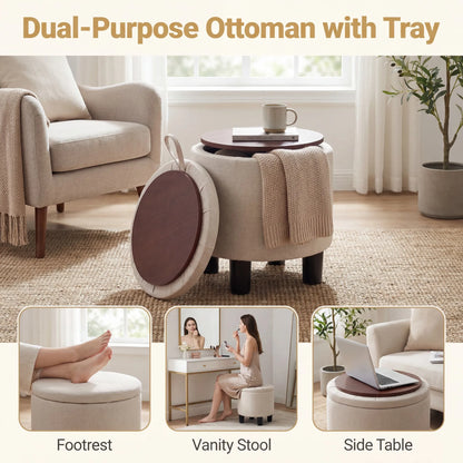 Round Storage Ottoman, Linen Fabric Upholstered Footrest Stool w/ Removable Lid